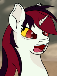 Size: 2250x3000 | Tagged: safe, artist:caduceus, oc, oc only, oc:blackjack, pony, unicorn, fallout equestria, fallout equestria: project horizons, bust, colored sclera, fanfic, fanfic art, female, high res, horn, mare, open mouth, portrait, solo, yellow sclera