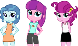 Size: 3994x2383 | Tagged: safe, artist:ironm17, lily longsocks, petunia paleo, strawberry parchment, equestria girls, g4, clothes, compression shorts, cute, dress, equestria girls-ified, group, high res, pigtails, ponytail, scarf, shirt, shorts, simple background, skirt, summer dress, t-shirt, tank top, transparent background, vector
