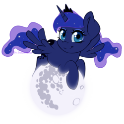 Size: 800x798 | Tagged: safe, artist:leelah-sama, princess luna, alicorn, pony, g4, female, mare in the moon, moon, prone, simple background, smiling, solo, spread wings, tangible heavenly object, transparent background