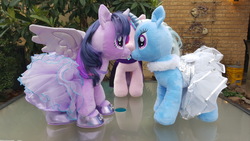 Size: 3264x1836 | Tagged: safe, starlight glimmer, trixie, twilight sparkle, alicorn, pony, g4, boop, build-a-bear, clothes, female, irl, lesbian, marriage, noseboop, photo, plushie, ship:twixie, shipping, twilight sparkle (alicorn), wedding