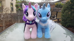 Size: 3264x1836 | Tagged: safe, starlight glimmer, trixie, pony, unicorn, g4, build-a-bear, clothes, female, irl, mare, photo, plushie