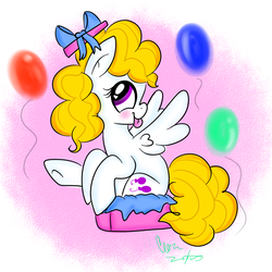 Size: 894x894 | Tagged: safe, artist:pinkiepiegasm, surprise, g1, balloon, female, present, solo, tongue out