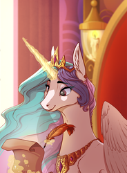 Size: 945x1286 | Tagged: safe, artist:28gooddays, princess celestia, alicorn, pony, g4, ear fluff, female, magic, mare, quill, scroll, solo, telekinesis, throne room