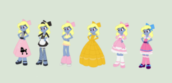 Size: 1808x872 | Tagged: safe, artist:obeliskgirljohanny, artist:selenaede, oc, oc only, oc:azure/sapphire, equestria girls, g4, base used, beauty and the beast, belle, belly button, cheerleader, cheerleader outfit, clothes, cosplay, costume, crossdressing, dress, fishnet stockings, french maid, frilly dress, leg warmers, lolita fashion, maid, midriff, poodle skirt, skirt, sports bra