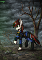 Size: 1748x2480 | Tagged: safe, artist:setharu, oc, oc only, oc:blackjack, pony, unicorn, fallout equestria, fallout equestria: project horizons, clothes, dead tree, fanfic, fanfic art, female, hooves, horn, jumpsuit, mare, pipbuck, raised hoof, solo, tree, vault suit, wasteland