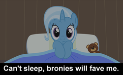 Size: 1600x973 | Tagged: safe, artist:agrol, trixie, pony, unicorn, must be better, g4, anti-bronybait, bed, blanket, brony, bronybait, can't sleep, can't sleep clown will eat me, caption, cs captions, cute, diatrixes, female, lisa's first word, looking at you, male, mare, pillow, teddy bear, the simpsons