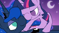 Size: 1920x1080 | Tagged: safe, artist:hackd, princess luna, twilight sparkle, fanfic:to dream again, g4, fanfic, fanfic art, fanfic cover, female, lesbian, lying down, moon, night, no pupils, on back, ship:twiluna, shipping, stars