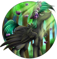 Size: 1958x2009 | Tagged: safe, artist:spicybrowniemix101, oc, oc only, oc:alice, pegasus, pony, crepuscular rays, female, flower, flower in hair, flower petals, mare, solo