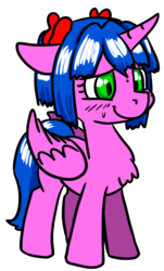 Size: 504x835 | Tagged: safe, oc, oc only, oc:nice girl, alicorn, pony, /s4s/, 4chan, alicorn oc, april fools, blushing, bow, bury pink gril, chest fluff, floppy ears, hair bow, horn, meme, nervous, solo, sweat, wings