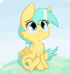 Size: 647x683 | Tagged: safe, artist:springveil, sunshower raindrops, pony, g4, chest fluff, cute, female, fluffy, sitting, smiling, snow, solo