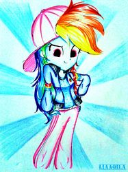 Size: 1390x1854 | Tagged: safe, artist:liaaqila, rainbow dash, equestria girls, equestria girls specials, g4, backwards ballcap, baseball cap, cap, clothes, female, hand on hip, hat, no catchlights, pants, rapper, rapper dash, solo, traditional art