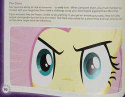 Size: 966x750 | Tagged: safe, fluttershy, g4, official, tails of equestria, stare, text, the stare