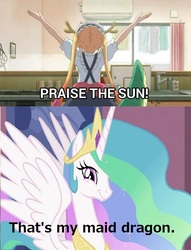 Size: 720x942 | Tagged: safe, princess celestia, alicorn, pony, g4, dark souls, female, mare, meme, miss kobayashi's dragon maid, praise the sun, that's my x, tohru