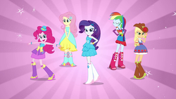 Size: 1920x1080 | Tagged: safe, screencap, applejack, fluttershy, pinkie pie, rainbow dash, rarity, equestria girls, g4, my little pony equestria girls, balloon, boots, bow, bracelet, clothes, cowboy boots, cowboy hat, cute, dress, eyes closed, fall formal outfits, female, hand on hip, hat, high heel boots, humane five, jewelry, looking at you, open mouth, raised leg, scarf, sparkles, this is our big night, top hat, wings