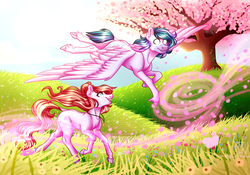 Size: 5000x3500 | Tagged: safe, artist:micky-ann, oc, oc only, earth pony, pegasus, pony, absurd resolution, duo, female, flower petals, flying, grass, male, mare, petals, scenery, smiling, spread wings, stallion, tree, wind, wings