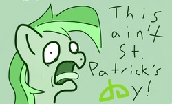 Size: 1062x640 | Tagged: safe, artist:phat_guy, derpibooru exclusive, oc, oc only, oc:darkest hour, pony, april fools, april fools 2017, bust, derp, deviantart logo, dialogue, english, faic, female, green, holiday, loose hair, mare, monochrome, open mouth, portrait, saint patrick's day, screaming, simple background, solo, tongue out, wall eyed, yelling