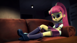 Size: 1920x1080 | Tagged: safe, artist:razethebeast, sour sweet, equestria girls, friendship games, g4, 3d, bowtie, clothes, couch, crossed arms, crystal prep academy uniform, female, freckles, looking at you, ponytail, school uniform, shoes, socks, solo, source filmmaker, unamused