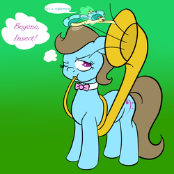 Size: 2000x2000 | Tagged: safe, artist:alexmichanikos, beauty brass, breezie, earth pony, pony, g4, annoyed, bowtie, duo, female, high res, mare, musical instrument, one eye closed, simple background, thought bubble, tuba