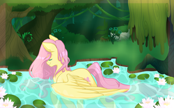 Size: 1280x800 | Tagged: safe, artist:twisted-sketch, fluttershy, pegasus, pony, g4, eyes closed, female, flutterduck, forest, mare, pegaduck, pond, profile, solo, spread wings, swimming, water, wings
