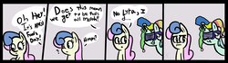 Size: 4897x1364 | Tagged: safe, artist:davierocket, bon bon, lyra heartstrings, sweetie drops, earth pony, pony, unicorn, :t, absurd resolution, april fools, bon bon is not amused, comic, dialogue, duo, grin, hat, jester hat, open mouth, question mark, shutter shades, smiling, sunglasses, text, unamused