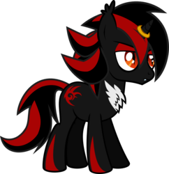 Size: 954x984 | Tagged: safe, artist:lightningbolt, derpibooru exclusive, hybrid, pony, unicorn, g4, .svg available, angry, chest fluff, ear fluff, eyeliner, eyeshadow, fangs, frown, hair over one eye, horn, horn ring, makeup, male, ponified, ring, shadow the hedgehog, show accurate, simple background, slit pupils, solo, sonic the hedgehog, sonic the hedgehog (series), stallion, svg, transparent background, vector