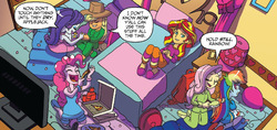 Size: 640x302 | Tagged: source needed, useless source url, safe, artist:tony fleecs, idw, applejack, fluttershy, pinkie pie, rainbow dash, sunset shimmer, equestria girls, g4, backpack, balloon, bed, brush, clothes, confetti, food, hat, nail polish, pajamas, pizza, sleeping bag, sleepover, slippers