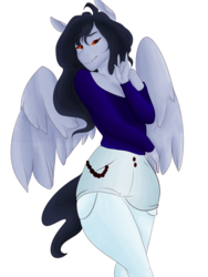 Size: 1080x1440 | Tagged: safe, artist:pxnxmbra, artist:sarah-loves-christmas, oc, oc only, pegasus, anthro, anthro oc, clothes, daisy dukes, female, looking at you, mare, ponysona, shirt, shorts, solo
