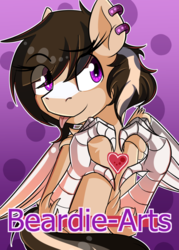 Size: 750x1050 | Tagged: safe, artist:beardie, oc, oc only, oc:buttercream scotch, hippogriff, badge, blaze (coat marking), coat markings, facial markings, female, solo, tongue out