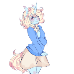 Size: 1280x1280 | Tagged: safe, artist:sarah-loves-christmas, oc, oc only, oc:strawberry ice, unicorn, anthro, anthro oc, blushing, clothes, cute, female, looking at you, mare, miniskirt, moe, ocbetes, shirt, skirt, solo, sweater