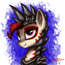 Size: 1000x1000 | Tagged: safe, artist:setharu, oc, oc only, oc:rampage, earth pony, pony, fallout equestria, fallout equestria: project horizons, armor, bust, cute, female, lidded eyes, mare, portrait, signature, smiling, solo, spiked armor, spikes