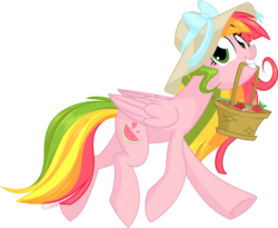 Size: 1024x839 | Tagged: safe, artist:kellythedrawinguni, oc, oc only, oc:fancy fruit, pegasus, pony, basket, female, food, hat, mare, mouth hold, simple background, solo, strawberry, transparent background