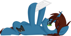 Size: 1024x529 | Tagged: safe, artist:kellythedrawinguni, oc, oc only, oc:dark data, pony, unicorn, glasses, kindle, male, on back, simple background, solo, stallion, transparent background