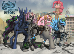 Size: 4500x3300 | Tagged: safe, artist:pinkuh, oc, oc only, oc:flare, oc:hired gun, oc:platinum haze, oc:serenity (fallout equestria: heroes), alicorn, cyborg, earth pony, pegasus, pony, unicorn, fallout equestria, fallout equestria: heroes, alicorn oc, armor, battle saddle, clothes, enclave armor, eyepatch, group shot, high res, pipboy, pipbuck, power armor, prosthetic limb, prosthetics, saddle bag