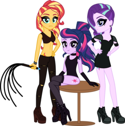 Size: 5599x5652 | Tagged: safe, artist:osipush, sci-twi, starlight glimmer, sunset shimmer, twilight sparkle, equestria girls, g4, absurd resolution, alternate hairstyle, bad, cat o' ninetails, clothes, counterparts, eyeliner, eyeshadow, female, fishnet stockings, goth, hilarious in hindsight, leotard, makeup, simple background, transparent background, trio, twilight's counterparts, whip