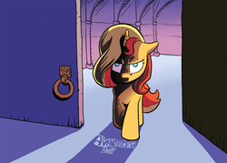 Size: 900x643 | Tagged: safe, artist:avalander-art, sunset shimmer, pony, unicorn, g4, doors, female, floppy ears, frown, kubrick stare, looking at you, mare, solo, stare