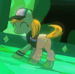 Size: 149x146 | Tagged: safe, color edit, edit, edited screencap, editor:watermelon changeling, screencap, azure velour, earth pony, pony, g4, the saddle row review, ^^, animated, ass-ure velour, azurebutt, background pony, butt, butt shake, clothes, color cycling, colored, cute, dancing, eyes closed, female, flank spin, gif, gif for breezies, hat, mare, pants, party hard, picture for breezies, plot, smiling, solo, tail twirl, twerking, wat