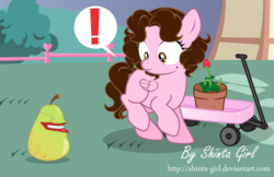 Size: 1024x665 | Tagged: safe, artist:shinta-girl, oc, oc only, oc:shinta pony, pony, biting pear of salamanca, female, filly, food, pear, strawberry