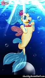 Size: 585x1000 | Tagged: safe, artist:clouddg, princess skystar, seapony (g4), g4, my little pony: the movie, bubble, crepuscular rays, dorsal fin, female, fin, fin wings, fins, fish tail, flower, flower in hair, flowing mane, jewelry, looking at you, necklace, ocean, one eye closed, open mouth, pearl necklace, scales, smiling, solo, sunlight, swimming, tail, underwater, water, wings, wink