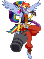 Size: 900x1200 | Tagged: safe, artist:linedraweer, rainbow dash, genie, anthro, unguligrade anthro, g4, amalia sheran sharm, belly button, cannon, diagram, female, fusion, gun, long hair, midriff, pirate, shantae, shantae (character), shantae and the pirates curse, simple background, solo, sword, transparent background, wakfu, weapon, wings