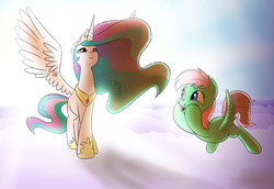 Size: 3669x2520 | Tagged: safe, artist:doublewbrothers, princess celestia, oc, oc:pending storm, pegasus, pony, g4, cloud, fangasm, female, high res, mare, spread wings, squishy cheeks, sun, wings