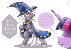 Size: 1457x1000 | Tagged: safe, artist:vavacung, star swirl the bearded, twilight sparkle, oc, oc:alternate dawn, alicorn, pony, unicorn, g4, april fools joke, clothes, cosplay, costume, feels, female, hilarious in hindsight, male, mare, mother and son, offspring, parent:twilight sparkle, stallion, starswirl the unbearded