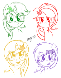 Size: 2609x3325 | Tagged: safe, artist:godoffury, oc, oc only, oc:comment, oc:downvote, oc:favourite, oc:upvote, alicorn, earth pony, pegasus, pony, unicorn, derpibooru, derpibooru ponified, eye clipping through hair, high res, lidded eyes, looking at you, meta, open mouth, ponified, smiling