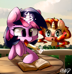 Size: 4700x4800 | Tagged: safe, artist:luxaestas, sunset shimmer, twilight sparkle, alicorn, pony, g4, :d, absurd resolution, blushing, book, female, food, heart eyes, leaf, lesbian, magic, open mouth, popsicle, ship:sunsetsparkle, shipping, tongue out, twilight sparkle (alicorn), wingding eyes