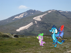 Size: 2592x1944 | Tagged: safe, artist:didgereethebrony, princess ember, spike, dragon, g4, australia, bloodstone scepter, dragons in real life, irl, mount kosciuszko, mountain, photo, vector