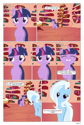 Size: 864x1296 | Tagged: safe, artist:dekomaru, trixie, twilight sparkle, pony, unicorn, comic:the greatest gift, g4, artifact, bedroom eyes, comic, female, gazing, golden oaks library, lesbian, mare, ship:twixie, shipping, talking in third person