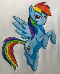 Size: 2283x2812 | Tagged: safe, artist:bozzerkazooers, rainbow dash, pegasus, pony, g4, female, high res, mare, smiling, solo, spread wings, traditional art, wings