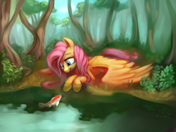 Size: 2000x1500 | Tagged: safe, artist:lilfunkman, fluttershy, fish, pegasus, pony, g4, female, forest, lake, mare, scenery, solo, spread wings, wings