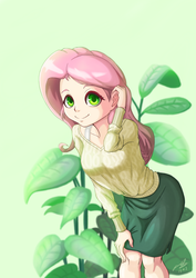 Size: 763x1080 | Tagged: safe, artist:the-park, fluttershy, human, g4, clothes, cute, female, humanized, looking at you, shyabetes, side slit, simple background, skirt, skirt pull, solo, sweater, sweatershy, wrong eye color