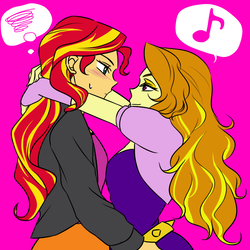 Size: 1000x1000 | Tagged: safe, artist:raika0306, adagio dazzle, sunset shimmer, equestria girls, g4, my little pony equestria girls: rainbow rocks, blushing, clothes, duo, female, fingerless gloves, gloves, jacket, lesbian, looking at each other, music notes, ship:sunsagio, shipping, simple background, smiling, thought bubble