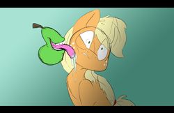Size: 1600x1035 | Tagged: safe, artist:torusthescribe, applejack, earth pony, pony, g4, biting pear of salamanca, food, licking, pear, tongue out, wat